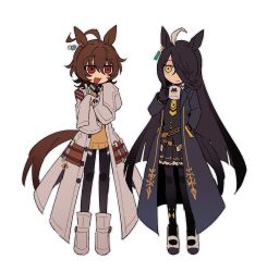  2girls agnes_tachyon_(tach-nology)_(umamusume) agnes_tachyon_(umamusume) ahoge animal_ears black_coat black_gloves black_hair black_necktie black_pantyhose brown_hair closed_mouth coat coffee_mug collared_shirt cork cup ear_tag earrings gloves hair_between_eyes holding holding_cup horse_ears horse_girl horse_tail jewelry lab_coat long_bangs long_hair long_hair_between_eyes long_sleeves manhattan_cafe_(creeping_shadow)_(umamusume) manhattan_cafe_(umamusume) melvi0 mug multicolored_hair multiple_girls necktie open_mouth pantyhose red_eyes shirt shoes short_necktie simple_background single_earring skirt sleeves_past_fingers sleeves_past_wrists smile sweater sweater_vest tail test_tube umamusume white_background white_coat white_hair white_shoes wolf_cut yellow_eyes yellow_necktie yellow_sweater yellow_sweater_vest 