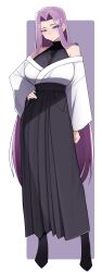  1girl absurdres bare_shoulders black_hakama breasts curtained_hair fate/grand_order fate/stay_night fate_(series) forehead full_body hakama hakama_skirt highres japanese_clothes kimono large_breasts leotard long_hair medusa_(fate) medusa_(rider)_(fate) off_shoulder parted_bangs purple_hair skirt solo turtleneck turtleneck_leotard very_long_hair violet_eyes wade_0w0 white_kimono wide_sleeves 