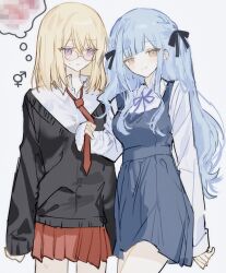  2girls bang_dream! bang_dream!_it's_mygo!!!!! black_cardigan blonde_hair blue_dress blue_hair blue_ribbon breasts cardigan clothes_grab commentary_request dress glasses hair_ribbon highres long_hair long_sleeves medium_breasts misumi_uika multiple_girls neck_ribbon necktie necktie_grab neckwear_grab open_mouth pinafore_dress pleated_skirt red_skirt ribbon shirt sidelocks simple_background sinainaruayane skirt sleeveless sleeveless_dress speech_bubble thought_bubble togawa_sakiko upper_body violet_eyes white_background white_shirt yellow_eyes yuri 