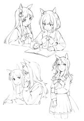  3girls :d absurdres animal_ears book bow bowtie braid ear_bow ear_covers grass_wonder_(umamusume) greyscale highres holding holding_pen horse_ears horse_girl horse_tail king_halo_(umamusume) long_hair monochrome multiple_girls nyum pen pleated_skirt school_uniform short_hair skirt smile special_week_(umamusume) studying tail third-party_source tracen_school_uniform umamusume v-shaped_eyebrows winter_uniform 