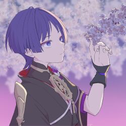  1boy armor artist_name black_bodysuit black_kimono black_sleeves blue_eyes blue_pupils blunt_ends bodysuit cherry_blossoms closed_mouth eyeliner fingernails flower furisode genshin_impact gold hand_up highres japanese_armor japanese_clothes jewelry juban kimono kote kurokote layered_sleeves light_smile looking_at_object lower_eyelashes_only makeup male_focus mandarin_collar mitsudomoe_(shape) nago_yaro neck_ring outdoors pink_flower purple_hair purple_rope purple_sleeves red_eyeliner red_kimono rope scaramouche_(genshin_impact) scaramouche_(harbinger)_(genshin_impact) shimenawa short_sleeves sideways_mouth single_sode solo tomoe_(symbol) violet_eyes white_kimono white_rope 