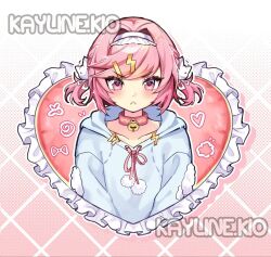  1girl :< alternate_costume artist_name bell blue_hoodie blush choker closed_mouth collarbone cropped_torso doki_doki_literature_club frown hair_intakes hair_ornament hairband hairclip highres hood hood_down hoodie kayline.kio looking_at_viewer loungewear natsuki_(doki_doki_literature_club) neck_bell pink_eyes pink_hair red_choker short_hair short_twintails sidelocks solo twintails watermark white_hairband 