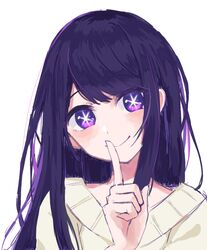  1girl commentary finger_to_mouth highres hoshino_ai_(oshi_no_ko) index_finger_raised konbu_(wjkd3723) long_hair oshi_no_ko purple_hair sidelocks simple_background solo star-shaped_pupils star_(symbol) sweater swept_bangs symbol-shaped_pupils violet_eyes white_background white_sweater 