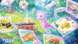  artist_request blue_eyes book bush clefairy copyright_logo copyright_name dedenne ditto dragonite floating grass leaf logo looking_back luxray mew_(pokemon) no_humans official_art open_book outdoors photo_(object) photo_album pikachu pokemon pokemon_(creature) pokemon_focus pokemon_sleep rock second-party_source snorlax solo transformed_ditto tree tree_stump venusaur 