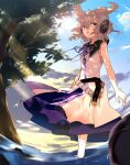  1girl asuzemu bare_shoulders blonde_hair blue_sky clouds cloudy_sky earmuffs english_commentary highres open_mouth outdoors pointy_hair purple_ribbon purple_skirt ribbon shirt short_hair sketch skirt sky sleeveless sleeveless_shirt solo standing sunlight touhou toyosatomimi_no_miko tree yellow_eyes 