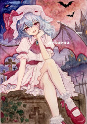 1girl ascot bat_(animal) bat_wings blue_hair brooch castle collared_shirt commentary_request cross crossed_legs frilled_shirt_collar frills full_moon hat hat_ribbon highres jewelry looking_at_viewer mob_cap moon nekoena night open_mouth outdoors painting_(medium) pink_hat pink_shirt pink_skirt puffy_short_sleeves puffy_sleeves red_ascot red_eyes red_moon remilia_scarlet ribbon shirt short_sleeves skirt skirt_set smile solo tombstone touhou traditional_media watercolor_(medium) wings 
