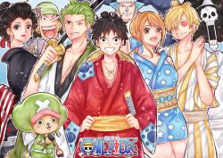  2girls 6+boys absurdres afro bikini black_hair blonde_hair blue_bikini blue_hair brook_(one_piece) chonmage commentary copyright_name cross curly_eyebrows earrings facial_hair franky_(one_piece) goatee green_hair hair_over_one_eye hand_fan hat headphones heart heart-shaped_eyes highres himeko_shinsei holding holding_fan holding_sword holding_weapon japanese_clothes jewelry kimono long_nose looking_at_viewer monkey_d._luffy multiple_boys multiple_girls nami_(one_piece) nico_robin nihongami obi one_eye_closed one_piece orange_hair ponytail roronoa_zoro sanji_(one_piece) sash skeleton smile straw_hat straw_hat_pirates striped_clothes striped_kimono swimsuit sword tony_tony_chopper topknot usopp vertical-striped_clothes vertical-striped_kimono weapon yellow_sash 