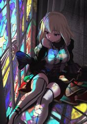  1girl absurdres bang_dream! bang_dream!_it's_mygo!!!!! blonde_hair breasts clothing_cutout commentary_request doloris_(bang_dream!) film_grain grey_thighhighs highres long_sleeves medium_breasts medium_hair misumi_uika nanafuku shoulder_cutout solo stained_glass thigh-highs violet_eyes 
