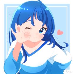  1girl ;) artist_name blue_background blue_eyes blue_hair blue_shirt blue_theme casual closed_mouth commentary cut_bangs hand_on_own_hip heart highres hirogaru_sky!_precure kyanos_(b_0000ff) leaning_forward long_hair long_sleeves looking_at_viewer ok_sign one_eye_closed precure shirt signature smile solo sora_harewataru t-shirt two-tone_shirt upper_body watermark white_shirt 