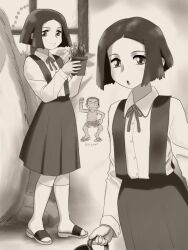  1boy 1girl :o aged_down blunt_ends closed_eyes commentary_request flower_pot fuzuki_hajime greyscale grin hanasaki_kaoruko heartcatch_precure! holding holding_flower_pot holding_watering_can kneehighs monochrome precure sandals short_hair skirt smile socks suspender_skirt suspenders tank_top watering_can 