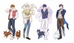  4boys animal animal_on_shoulder artem_wing_(tears_of_themis) bird bird_request black_cat black_shoes blue_hair blue_jacket blue_pants brown_eyes brown_hair brown_pants brown_sweater cat cellphone collared_shirt commentary denim dog dog_request drawstring dress_shirt english_commentary green_shirt grey_hair grid_background hand_in_pocket heart highres holding holding_phone holding_unworn_clothes holding_unworn_jacket hood hood_down hoodie jacket jeans letterman_jacket luke_pearce_(tears_of_themis) male_focus marius_von_hagen_(tears_of_themis) multiple_boys open_clothes open_jacket owl pants phone pink_jacket rourouki shirt shoes spoken_heart sweater sweater_vest tears_of_themis unworn_jacket violet_eyes vyn_richter_(tears_of_themis) watermark white_hoodie white_jacket white_pants white_shirt white_shoes 