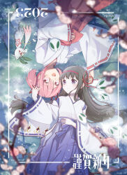  2023 absurdres akemi_homura artist_collaboration black_hair chinese_zodiac closed_mouth commentary_request drill_hair from_above hair_ribbon happy_new_year highres iso_usagi japanese_clothes kaname_madoka kimono kyubey long_hair mahou_shoujo_madoka_magica mahou_shoujo_madoka_magica_(anime) miko multiple_girls new_year pink_eyes pink_hair print_kimono rabbit ribbon ribbon-trimmed_sleeves ribbon_trim right-over-left_kimono snow snow_rabbit split_mouth twin_drills twintails violet_eyes year_of_the_rabbit 