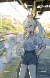  1girl absurdres bag belt black_bag black_belt blonde_hair blue_eyes blue_shorts blurry collared_shirt cowboy_shot day depth_of_field earrings hair_between_eyes highres holding holding_bag jewelry long_hair looking_at_viewer necklace original parted_lips photo_background shirt shorts solo sowon_(sowonhae) white_shirt 