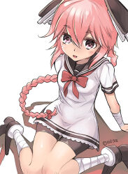  1girl bandaged_arm bandaged_leg bandages bike_shorts black_sailor_collar blush bow bowtie braid commentary dress floating_headgear hachimitsu_(hati718) hair_between_eyes headgear kantai_collection long_hair looking_at_viewer nenohi_(kancolle) one-hour_drawing_challenge pink_eyes pink_hair red_bow red_bowtie sailor_collar short_dress short_sleeves sidelocks simple_background single_braid sitting solo tongue tongue_out white_background white_dress 