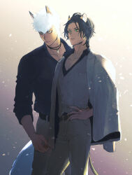  2boys animal_ears black_hair black_shirt commentary_request cowboy_shot dark-skinned_male dark_skin gradient_background green_eyes grey_jacket grey_vest hand_on_own_hip highres jack_howl jacket jacket_on_shoulders ki_toji leona_kingscholar lion_boy lion_ears lion_tail looking_to_the_side male_focus multiple_boys scar scar_across_eye scar_on_face shirt standing tail twisted_wonderland vest white_hair wolf_boy wolf_ears wolf_tail yellow_eyes 