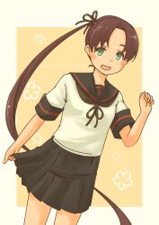  1girl absurdly_long_hair absurdres anchor_symbol ayanami_(kancolle) ayanami_kai_ni_(kancolle) black_sailor_collar black_skirt brown_hair brown_ribbon commentary_request cowboy_shot green_eyes hair_ribbon highres kantai_collection long_hair looking_at_viewer neck_ribbon pleated_skirt pot-de ribbon sailor_collar school_uniform serafuku shirt short_sleeves side_ponytail skirt smile very_long_hair white_shirt 