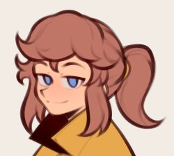  1girl a_hat_in_time blue_eyes brown_background brown_hair cape closed_mouth commentary english_commentary from_side fujimna hair_tie hat_kid looking_at_viewer medium_hair missing_headwear ponytail portrait sidelocks smile solo turning_head yellow_cape 