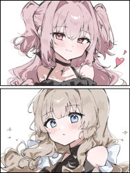  2girls black_choker black_shirt blue_eyes bow brown_hair choker closed_mouth commentary_request hair_bow hair_intakes heart highres long_hair mesugakisaikou multiple_girls off-shoulder_shirt off_shoulder original pink_eyes pink_hair shirt smile two_side_up white_bow yuri 