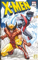  2boys acecore2k arm_hair black_bodysuit blue_skin bodysuit boots brown_bodysuit brown_boots claw_(weapon) clenched_teeth colored_sclera colored_skin comic_cover commentary commission copyright_logo copyright_name cover cover_page cover_sketch covered_abs covered_pectorals cowl demon_tail english_commentary facial_hair hatching_(texture) highres holding holding_sword holding_weapon logo looking_at_viewer male_focus marker_(medium) marvel multicolored_bodysuit multiple_boys muscular muscular_male nightcrawler no_pupils obliques open_mouth pectorals pen_(medium) pointy_ears red_bodysuit short_hair squatting stubble superhero_costume sword tail teeth traditional_media two-tone_bodysuit veins veiny_arms weapon wolverine_(x-men) x-men yellow_bodysuit yellow_sclera 