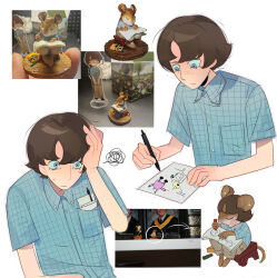  1boy adam_lanza animal animalization animification arm_on_table bare_arms blue_eyes blue_sclera blue_shirt blush brown_hair buttons cargo_pants chair collared_shirt colored_sclera crayon drawing_(action) drawing_(object) goodfolk2 hamster hand_on_own_head highres holding holding_crayon holding_pen looking_at_object looking_down lower_eyelashes_only male_focus multiple_views on_chair on_stool pants paper parted_bangs pen photo_inset plaid_clothes plaid_shirt polo_shirt real_life sandy_hook_elementary_school_shooting shirt short_hair short_sleeves simple_background solo stool sweatdrop true_crime upper_body white_background wide-eyed 