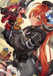  1girl absurdres black_hat blue_flower bottle commentary_request drink flower green_eyes hair_flower hair_ornament hat highres horns long_hair long_sleeves looking_at_another magus_(zenless_zone_zero) mechanical_tail mouguru_ekaki orange_hair orange_pupils orphie_magnusson pointy_ears tail tying_ribbon white_flower zenless_zone_zero 