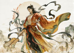 1boy absurdres adapted_costume all_wishes_come_true! bare_pectorals bird black_hair black_pants blue_shawl bracelet chinese_clothes chinese_commentary closed_mouth clouds commentary_request crane_(animal) facial_hair feet_out_of_frame fire gourd hagoromo hair_bun hair_ornament half_updo hand_fan hand_up hanfu highres holding holding_fan holding_gourd jewelry lantern leaf leaf_belt leaf_fan leaf_hair_ornament long_hair long_sleeves male_focus mountain mustache_stubble necklace nipples open_clothes open_robe palm_leaf_fan pants pectorals profile qiuming red_hanfu red_sash robe sash shawl single_hair_bun smile smoke solo standing stubble sun tassel watermark weibo_watermark wide_sleeves zhongli_quan_(all_wishes_come_true!) 