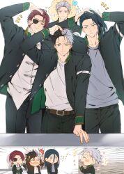  4boys ? absurdres belt blue_eyes brown_belt chinese_clothes closed_mouth embarrassed eyepatch forehead furin_high_school_uniform grey_shirt hand_in_own_hair highres jacket long_hair looking_at_viewer male_focus multicolored_hair multiple_boys open_clothes open_jacket sakura_haruka_(wind_breaker) school_uniform shirt short_hair simple_background speech_bubble split-color_hair spoken_question_mark straight-on sugishita_kyoutarou suit_pants suo_hayato t-shirt taking_picture tangzhuang thought_bubble umemiya_hajime unbuttoned white_background white_shirt wind_breaker_(nii_satoru) yellow_eyes yoon_(dmsco1803) 