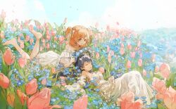  2girls aijo_karen armpit_crease artist_request bare_shoulders barefoot black_hair blue_flower bow brown_eyes chinese_commentary closed_eyes closed_mouth commentary_request commission day detached_sleeves dress falling_petals field flower flower_field flower_request flower_wreath frilled_dress frills hair_between_eyes hair_bow hair_ornament hair_spread_out head_wreath highres holding holding_wreath kagura_hikari knees_up legs_up long_dress long_hair long_sleeves looking_at_another looking_down lying medium_dress multiple_girls off-shoulder_dress off_shoulder official_alternate_costume official_alternate_hairstyle on_back on_ground on_stomach orange_hair outdoors outstretched_arms parted_lips petals pink_flower pink_tulip putting_on_headwear second-party_source short_hair shoujo_kageki_revue_starlight smile spread_arms strapless strapless_dress the_pose tulip two_side_up white_bow white_dress x_hair_ornament 