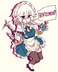  1girl absurdres apron balisong black_shoes blue_bow blue_dress blush bow braid brown_thighhighs collared_shirt dress english_text grey_hair hair_bow high_heels highres holding holding_knife holding_pocket_watch izayoi_sakuya knife long_hair looking_at_viewer maid maid_headdress neck_ribbon pocket_watch rampa93 red_eyes ribbon shirt shoes solo speech_bubble thigh-highs touhou twin_braids waist_apron watch white_apron white_shirt yellow_background 