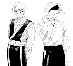  2boys alternate_universe belt blood blood_on_clothes blood_on_face blood_on_hand commentary_request cowboy_shot dirty dirty_clothes dirty_face expressionless furrowed_brow hair_tie holding holding_towel japanese_clothes kagurabachi kimono korean_commentary looking_at_viewer male_focus multiple_boys pants ribbon rokuhira_chihiro samu486 sazanami_hakuri shirt short_hair simple_background sweat three-quarter_sleeves towel towel_on_head very_short_hair white_background 