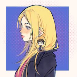  1girl absurdres black_jacket blonde_hair blush doctor_who earrings from_side halftone halftone_background highres hoop_earrings huolalaojiugong jacket jewelry lips long_hair mini_person miniboy nose parted_bangs pink_shirt profile rose_tyler shirt sitting tenth_doctor_(doctor_who) the_doctor_(doctor_who) upper_body 