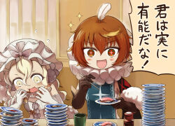  2girls black_gloves blonde_hair bow brown_hair commentary_request cup dress eating elbow_gloves feather_hair_ornament feathers food frilled_headwear gloves hair_ornament holding holding_food holding_plate kyukyutto_(denryoku_hatsuden) magical_girl mahou_shoujo_ikusei_keikaku mahou_shoujo_ikusei_keikaku_limited multicolored_eyes multicolored_hair multiple_girls neck_ruff open_mouth plate pukin short_hair smile sonia_bean sparkle speech_bubble translation_request white_dress white_eyes white_gloves white_hair 