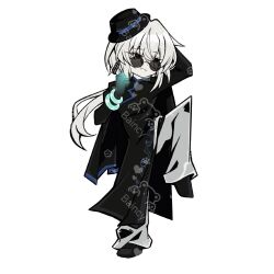  1girl arm_up ba_yun_qi bangle black_changpao black_gloves black_hat black_jacket bracelet changpao chinese_clothes chinese_commentary cinq_association_east_uniform commentary_request full_body gloves grin hat jacket jade_bangle jewelry knee_up limbus_company original pants parody pince-nez project_moon smile solo standing standing_on_one_leg style_parody sunglasses white_pants 