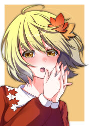  1girl absurdres aki_shizuha blonde_hair blush commentary_request hair_ornament highres leaf leaf_hair_ornament long_sleeves looking_at_viewer maple_leaf open_mouth own_hands_clasped own_hands_together popipopi_tan portrait red_shirt shirt short_hair solo touhou yellow_background yellow_eyes 