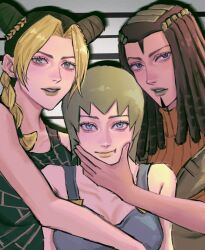  3girls black_hair blonde_hair blue_eyes blue_overalls braid braided_bun breasts cheek_squash closed_mouth collarbone commentary cone_hair_bun double_bun dreadlocks ermes_costello eyelashes facepaint foo_fighters_(jojo) green_eyes green_hair green_lips green_shirt green_vest hair_bun hand_on_another's_cheek hand_on_another's_face highres jojo_no_kimyou_na_bouken kujo_jolyne long_hair looking_at_viewer multicolored_hair multiple_girls overalls parted_lips shirt short_hair skr070414 sleeveless sleeveless_turtleneck stone_ocean teeth turtleneck two-tone_hair upper_body vest yellow_lips 
