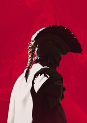  1boy absurdres agamemnon_(mythology) armor bone cape covered_face facing_away greek_mythology helmet highres poisonp1nk red_background shoulder_armor solo spine the_odyssey_(2026_movie) 