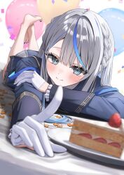  1girl amagai_ruka arale_(ara1e) balloon blue_eyes blue_hair blue_streaks blush braid cake cake_slice closed_mouth commentary english_commentary food fruit gloves grey_hair half_gloves highres index_finger_raised jacket long_hair long_sleeves looking_at_viewer lying multicolored_hair on_stomach plate skirt smile solo strawberry streaked_hair the_pose virtual_youtuber weather_planet white_gloves 