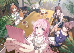  5girls :d arms_up bang_dream! bang_dream!_it's_mygo!!!!! black_hair black_shirt blue_eyes blue_hoodie brown_eyes brown_hair chair chihaya_anon chinese_commentary closed_mouth commentary_request copyright_name copyright_notice cup fang food grey_eyes guest_art heterochromia holding holding_cup holding_phone holding_saucer hood hoodie indoors kaname_raana long_hair long_sleeves looking_at_phone milestone_celebration multiple_girls mygo!!!!!_(bang_dream!) nagasaki_soyo official_art open_mouth own_hands_together parfait phone pink_hair plant potted_plant saucer second-party_source shiina_taki shirt short_hair sitting smile standing table takamatsu_tomori teacup violet_eyes white_hair white_shirt wooden_floor xuya_xy yellow_eyes 
