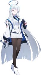  1girl ^_^ absurdly_long_hair arm_at_side big_hair black_pantyhose blue_archive blue_necktie book boots breasts closed_eyes closed_mouth coat collared_shirt doremi_(doremi4704) facing_viewer full_body game_asset gun halo hand_up happy headgear high_heels highres holding holding_book holding_gun holding_weapon hwansang id_card jacket large_variant_set legs long_hair long_sleeves mechanical_halo medium_breasts miniskirt necktie noa_(blue_archive) off_shoulder official_art open_clothes open_coat pantyhose pleated_skirt pocket school_uniform shirt sidelocks simple_background skirt sleeves_past_wrists smile solo split_mouth staccato_2011 standing tachi-e third-party_source transparent_background trigger_discipline two-sided_coat two-sided_fabric variant_set very_long_hair weapon white_boots white_coat white_hair white_halo white_jacket white_shirt white_skirt 