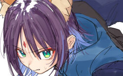  1girl animal_ears blue_hair blush cho_kaguya-hime! colored_inner_hair forehead_jewel fox_ears fox_girl green_eyes highres medium_hair multicolored_hair purple_hair sakayori_iroha sakayori_iroha_(tsukuyomi) simple_background solo sweatdrop tt_(mmk_lr) white_background 