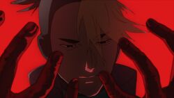  1boy black_hair blonde_hair blood blood_on_hand cal_(electro_andes) commentary ek9000 electro_andes highres looking_at_hands multicolored_hair see-through_hair squinting two-tone_hair 