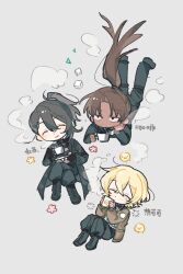  3boys black_boots black_eyes black_gloves black_hair black_jacket black_pants blonde_hair boots brown_hair brown_jacket camouflage camouflage_jacket chibi chibi_only closed_eyes closed_mouth commentary_request cup dark-skinned_male dark_skin drinking floating_hair full-stop_office_(identity)_(project_moon) gloves grey_background hair_floating_upwards heathcliff_(project_moon) highres holding holding_cup holding_plate hong_lu_(project_moon) jacket jienengmoshi lace-up_boots limbus_company long_hair male_focus multiple_boys pants plate ponytail project_moon short_hair simple_background sinclair_(project_moon) smile steam steaming_cup sugar_cube suit_jacket translation_request 