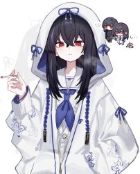  2girls black_hair blue_neckerchief blue_ribbon cigarette commentary_request highres holding holding_cigarette hood hood_up hooded_jacket jacket limbus_company multicolored_hair multiple_girls neckerchief parted_lips project_moon red_eyes ribbon ryoshu_(project_moon) sailor_collar shiomi_yoru_(project_moon) simple_background smoke smoking streaked_hair toriumi_(trmx_x) white_background white_jacket white_sailor_collar 