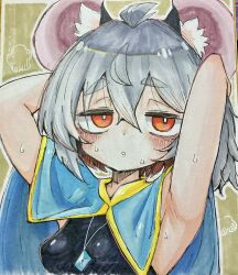  1girl :o animal_ear_fluff animal_ears armpits arms_up blue_cape blush cape commentary_request deal360acv green_background grey_hair hair_between_eyes highres jewelry mouse_ears mouse_girl narrowed_eyes nazrin necklace photo_(medium) red_eyes solo sweat teeth traditional_media 