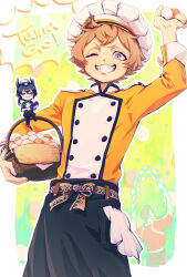  3boys apprentice_chef_(twisted_wonderland) arm_up ashton_vargas basket blonde_hair blue_eyes chef chef_hat commentary_request cowboy_shot egg grin hand_up hat holding holding_basket holding_egg ki_toji looking_at_viewer male_focus malleus_draconia multiple_boys one_eye_closed ruggie_bucchi short_hair smile standing twisted_wonderland 