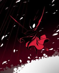  1girl arthropod_girl blank_eyes cloak flower full_body high_contrast highres holding holding_weapon hollow_knight hollow_knight:_silksong horned_mask hornet_(hollow_knight) horns limited_palette looking_at_viewer mask merediankora needle_(hollow_knight) petals solo standing weapon white_eyes white_flower white_petals 