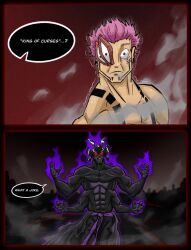  2boys animification armor black_dougi black_skin clawed_hands colored_skin commentary crossover dougi english_commentary extra_arms extra_eyes facial_tattoo forehead_tattoo four_eyes helmet japanese_armor jujutsu_kaisen looking_at_viewer lord_garmadon lord_garmadon_(oni) male_focus multiple_boys muscular ninjago pink_hair red_eyes ryoumen_sukuna_(jujutsu_kaisen) scared shaking short_hair shoulder_tattoo snow_draw spiky_hair tattoo upper_body 