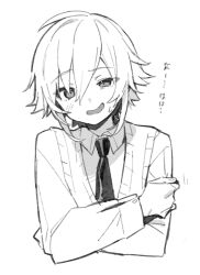  1boy blush cardigan check_commentary collared_shirt commentary_request cr-r crossed_arms greyscale hair_between_eyes half-closed_eyes looking_at_viewer monochrome necktie nervous nervous_smile nervous_sweating nijisanji open_mouth shirt short_hair sketch smile solo sweat sweater translated uneven_eyes upper_body uzuki_kou uzuki_kou_(3rd_costume) virtual_youtuber white_background 