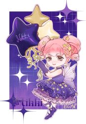  1girl back_bow ballet_slippers balloon beads blunt_bangs border bow brown_eyes character_name chibi child chinese_commentary choker closed_mouth commentary_request dot_nose dress eyelashes eyeliner frilled_dress frills gloves hair_beads hair_ornament happy highres holding holding_balloon knee_up large_bow leg_ribbon light_blush lipstick makeup medium_dress nikki_(nikki) nikki_(series) outline pink_eyeliner pink_hair pleated_dress print_dress purple_background purple_bow purple_choker purple_dress purple_gloves purple_ribbon purple_shoes red_lips ribbon ringlets shining_nikki shoes short_hair short_twintails sidelocks signature smile solo sparkle star_(symbol) star_balloon star_hair_ornament star_print star_sea_(nikki) starry_sky_print strap twintails white_border white_outline yeziyu564 young_nikki_(shining_nikki) 
