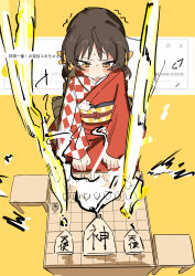  1girl absurdres alternate_costume asymmetrical_clothes brown_hair checkered_clothes checkered_kimono dated from_above full_body furrowed_brow highres japanese_clothes kaai_yuki kimono looking_down low_twintails medium_hair narrowed_eyes nshima000 obi obiage obijime playing_games playing_tabletop_game rabbit_ornament red_kimono request_inset sash seiza shogi_ichiban!_(vocaloid) shogi_piece short_twintails simple_background sitting sweatdrop twintails vocaloid yellow_background yellow_eyes 